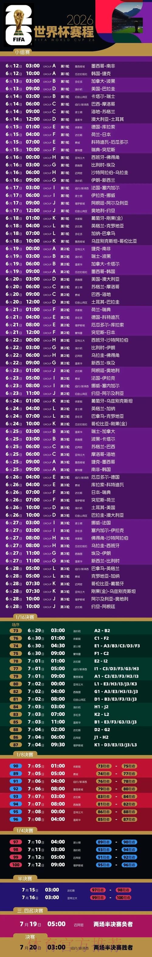 2026世界杯每日赛程完整版比赛时间表实时查看